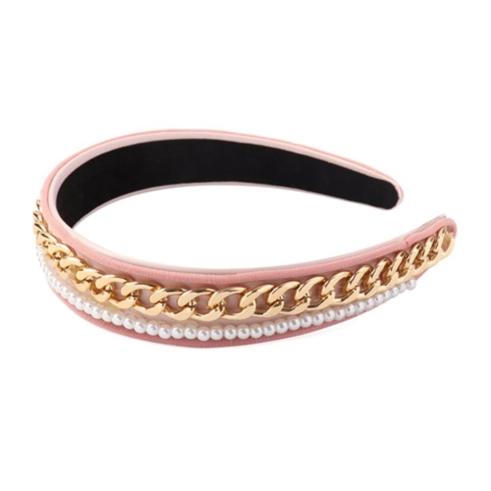 J. ELISE BOUTIQUE NEW TRENDY VELVET Pink Gold Chain Pearl Fashion Headband